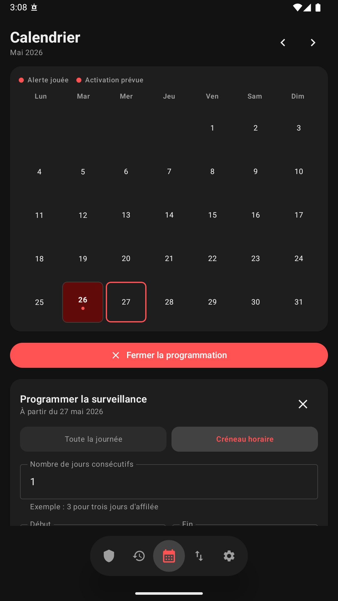 Écran Pro+ de Vigie avec la vue calendrier