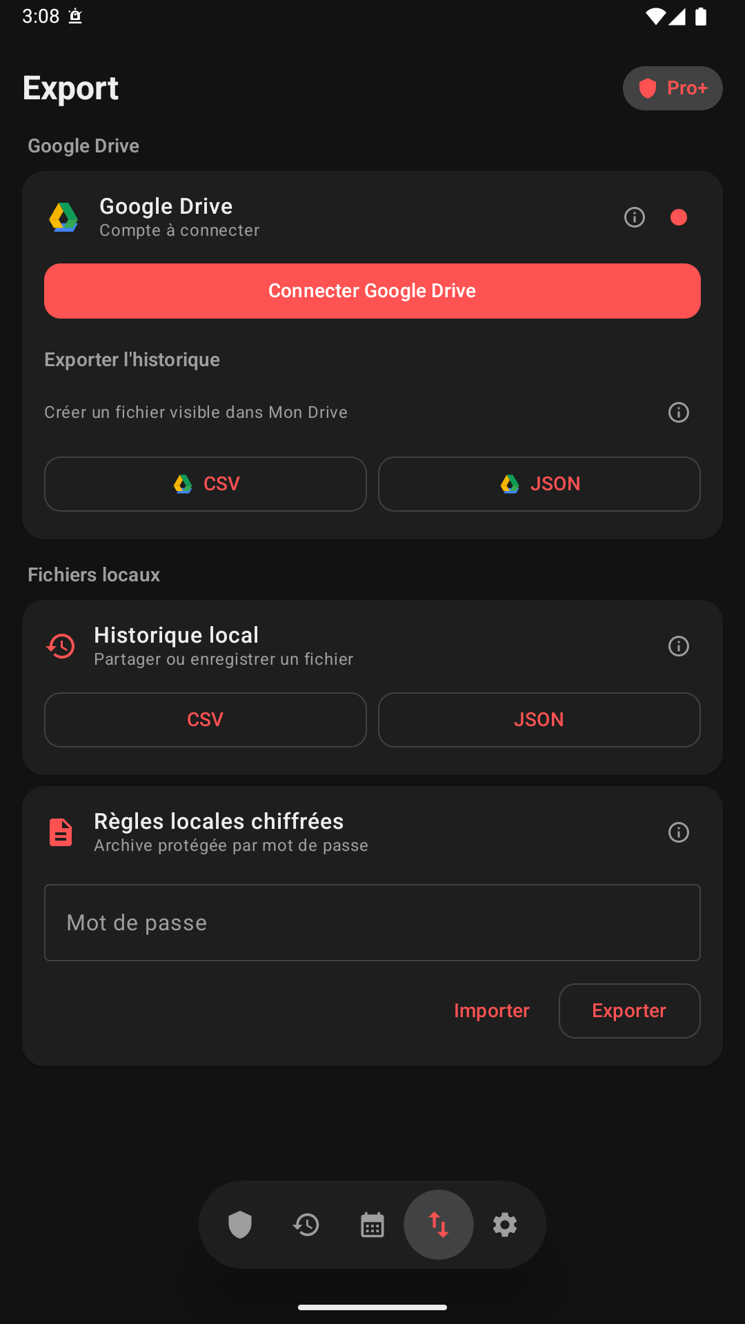 Écran d’export de Vigie Pro+